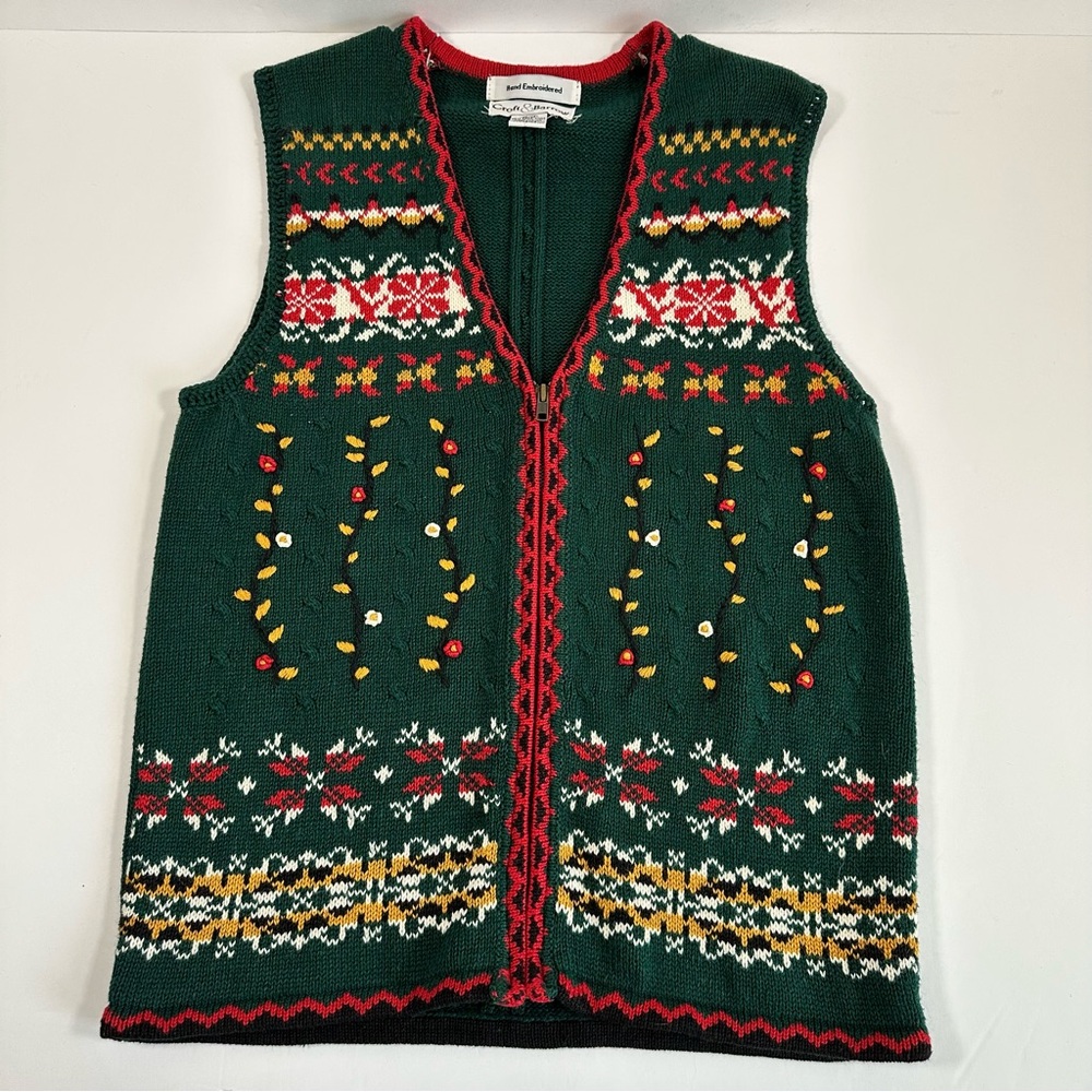 Vintage Croft &‎ Barrow Embroidered Holiday Sweater Vest M Pine Green Zip Front